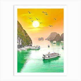 Sunset In Ha Long Bay Art Print