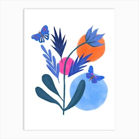 Blue Butterflies and Flowers Art Print