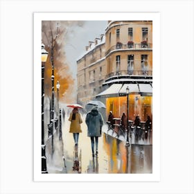 Paris cafes, winter season, Christmas, autumn oil colors, pale colors, pedestrians in the street, winter clothes, falling snow.Christmas decorations.13 1 Art Print