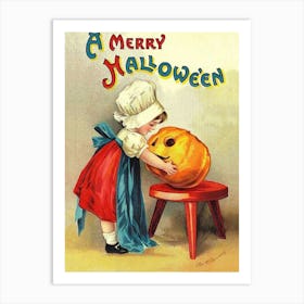 Little Girl With Pumpkin Art Print