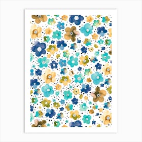 Dots Naive Flowers Blue Multi Ocre Art Print
