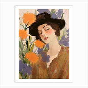 Woman With Autumnal Flowers Delphinium Art Print