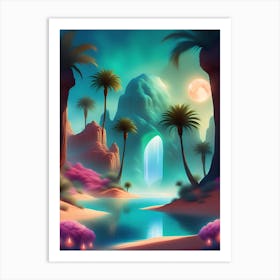 Desert Landscape With Palm Trees Art Print