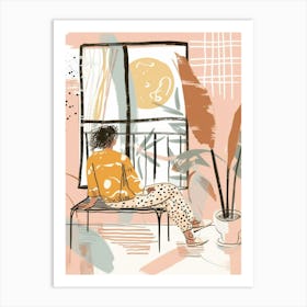 Illustration Of A Woman Looking Out The Window Art Print