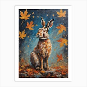 Cottagecore Adult Hare in Autumn Forest - Acrylic Paint Little Fall Rabbit Bunny Bunnies Art with Falling Leaves at Night on a Full Moon, Perfect for Witchcore Cottage Core Pagan Tarot Celestial Zodiac Gallery Feature Wall Beautiful Woodland Creatures Series HD Art Print