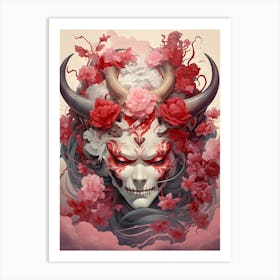 Horned Skull with Red Flowers Art Print