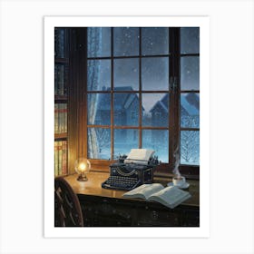 Anime Canvas Art: Cozy Writer’s Desk with Typewriter and Snowy Window View, Perfect for Lofi Aesthetic and Nostalgic Art Lovers. Art Print