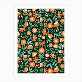 Cute Soft Scattered Scandi Florals Dark Green, Orange, Bright Green Art Print