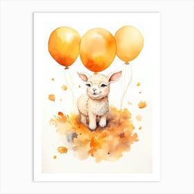 Sheep Flying With Autumn Fall Pumpkins And Balloons Watercolour Nursery 4 Art Print