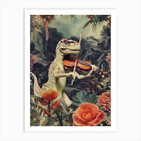 Dinosaur Playing Violin Retro Collage 1 Art Print