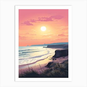 Illustration Of Gwithian Beach Cornwall In Pink Tones 3 Art Print