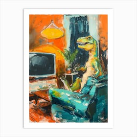 Dinosaur Watching Tv Blue Green Orange 1 Art Print