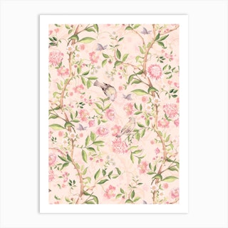 Pastel Blush Antique Chinoiserie With Birds And Flowers Art Print