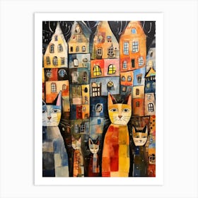 Patchwork Cats In Front Of Vintage Houses Art Print