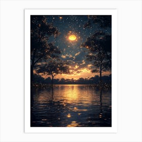 Moon Over The Lake Art Print