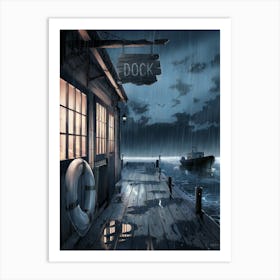 Anime Canvas Art: Rainy Dockside Scene with Wooden Pier and Stormy Sky, Perfect for Lofi Aesthetic and Moody Coastal Art Fans. Art Print