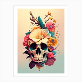 Skull With Tattoo Style Artwork 3 Primary Colours Vintage Floral Art Print