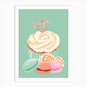 Cupcakes And Macarons with Green background wallart printable Art Print