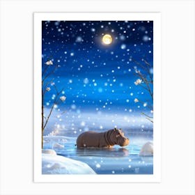 Cozy Winter Wonderland Encasing A Heart Melting Hippo Snow Gently Falling On Its Back Fluffy White Art Print