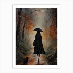 Caught in the Rain - Stopped to Gaze at the Full Moon with Witchy Black Cat in Autumn Woods - Original Watercolor Forest Fairytale Art by Lyra the Lavender Witch - Witches Pagan Gloomy Dark Aesthetic Feature Wall Falling Leaves, Raining Black Umbrella at Dusk Drawing Down the Moon Wiccan Witch HD Art Print