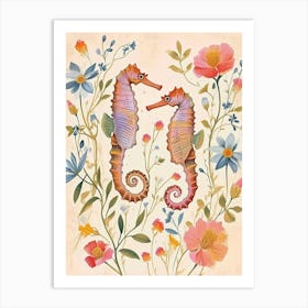 Folksy Floral Animal Drawing Seahorse Art Print