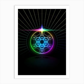 Neon Geometric Glyph in Candy Blue and Pink with Rainbow Sparkle on Black n.0257 Art Print