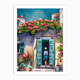 Woman in a Greek House Watercolor Painting Art Print