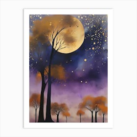 Cosmic Fall Night،
An ethereal boho painting that captures the beauty of a fall night sky. The background is a deep navy, speckled with tiny stars, while the foreground features silhouettes of autumn trees in shades of charcoal and dark olive. The moon is painted in a glowing silver, surrounded by soft wisps of mist in pale gold and lavender.
.13 Art Print