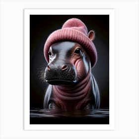 Baby Hippo in pink beanie hat 5 Art Print