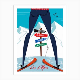 Les Alpes Piste Sign Poster Blue & White Art Print