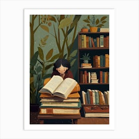 Girl Reading Book In The Library Art Print