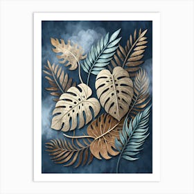 Paper Leaves On A Blue Background Art Print