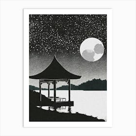 A Full Moon Night With A Silhouetted Pavilion At A Lake Ukiyo-E Art Print