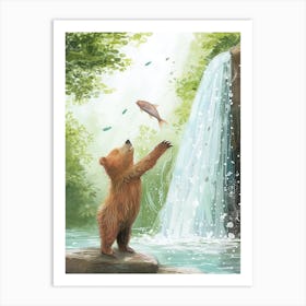 Sloth Bear Catching Fish In A Waterfall Storybook Illustration 3 Art Print