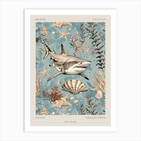 Pastel Blue Bull Shark Watercolour Seascape Pattern 1 Poster Art Print