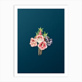 Vintage Gloxinia Flower Botanical Art on Teal Blue n.0530 Art Print