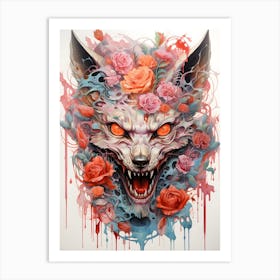 Wolf With Roses 1 Art Print