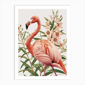 American Flamingo And Oleander Minimalist Illustration 2 Art Print