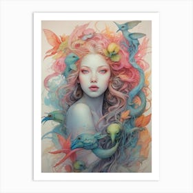 Girl With Birds Art Print