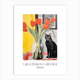 Cats & Flowers Collection Daffodil Flower Vase And A Cat, A Painting In The Style Of Matisse 5 Art Print