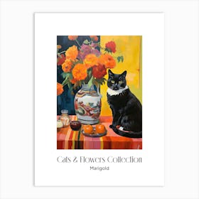 Cats & Flowers Collection Marigold Flower Vase And A Cat, A Painting In The Style Of Matisse 4 Art Print