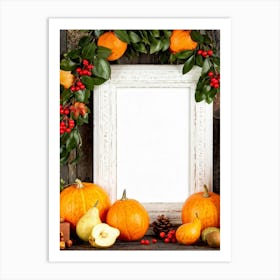 A Captivating Autumnal Scene Showcasing Ripe Oranges And Vibrant Pumpkins Resting On A Rustic Table (5) Art Print