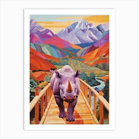 Rhino Crossing A Wooden Bridge With Mountain In The Background 3 Art Print