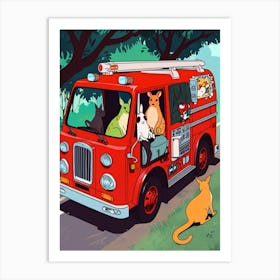 Fire Truck With Cats Art Print