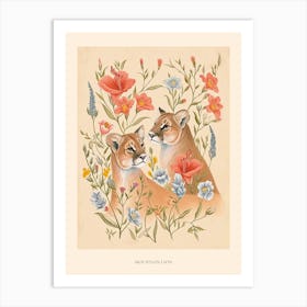 Folksy Floral Animal Drawing Mountain Lion 4 Poster Art Print