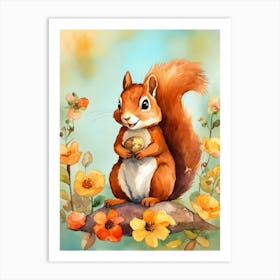 Squirrel With Flowers Art Print