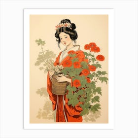 Hanagasa Japanese Florist Daisy Vintage Japanese Botanical And Geisha Art Print