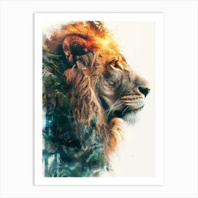 Double Exposure Realistic Lion With Jungle 39 Art Print