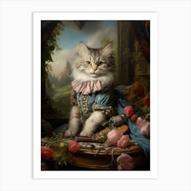 Blue & Pink Rococo Style Painting Of A Cat 3 Art Print