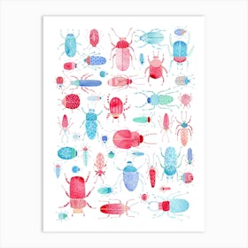 Beetles and Bugs Pink and Blue Watercolor Art Print